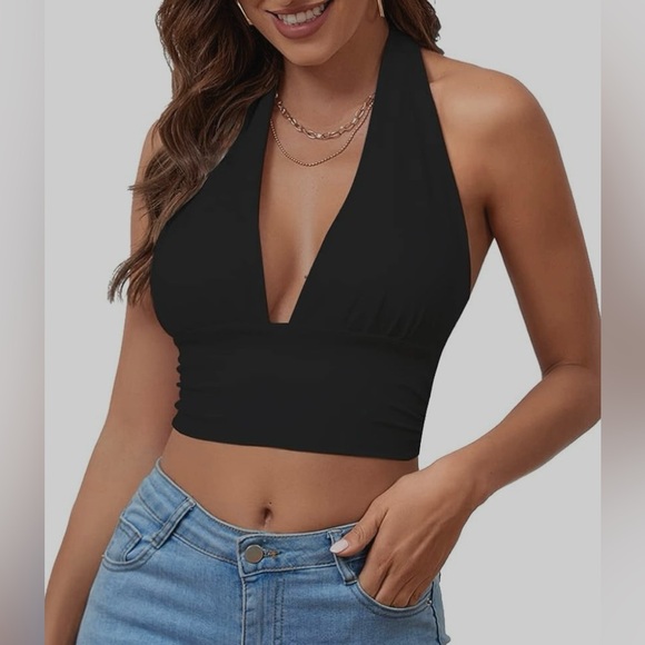 NWOT Rooscier Deep V Neck Halter Tie Back Sleeveless Backless Cami Crop Top - Picture 2 of 8